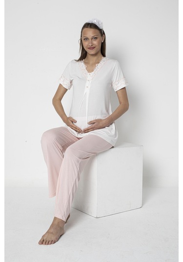 Lohusa Hamile Dantel Detaylı Kısa Kol Pijama Takımı Emzirme Hastane Çıkışı Flz 24-72