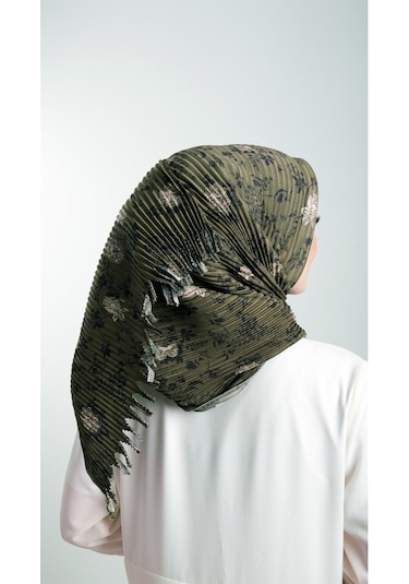 Haki Pratik Hazır Geçmeli Tesettür Eşarp Kesik Elyaf Piliseli Çiç (553630012) Haki