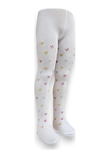 Kelebekli Simli Çocuk Külotlu Çorap - Dore St08584 Beyaz