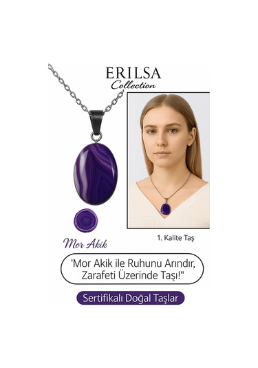 Erilsa Sertifikalı Oval Mor Akik Taşı Kolye Gümüş Aparatlı Doğal Şifa Çok Renkli