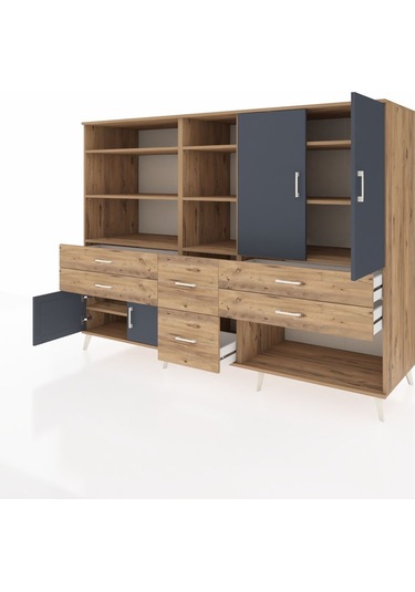 Kronos Dolap 10 Raflı 6 Çekmeceli 4 Kapaklı 220x59x163 Çam-antras Çam-antrasit/çam