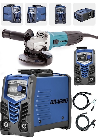 Dragro Technology DRG-200kynk Mavi Çift Kartlı 200 Amper Invertör Kaynak Makinası 3000 W Taşlama 2li Set