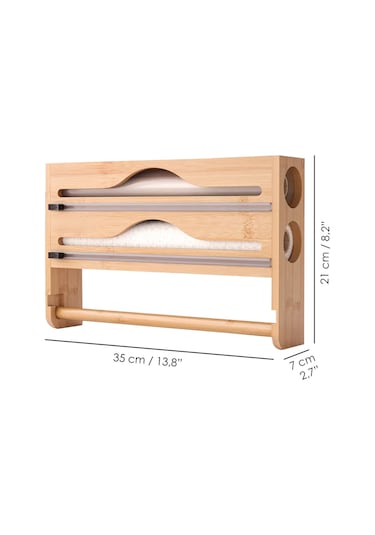 Bambu Streç Film Folyo Kesici - Fonksiyonel 2 Bölme Streç Folyo Kesme Kutusu Ve Kağıt Havlu Askılığı