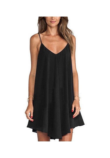 Siyah Bayan Moda Kolsuz Kısa Şifon Mini Elbise Büyüleyici Akşam Parti Bayan Yaz Yeni Rahat Siyah