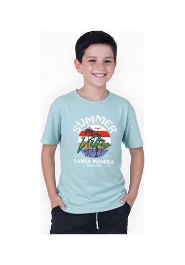 Summer Baskılı Erkek Çocuk Yuvarlak Yaka Kısa Kollu T-shirt Mint Yeşili