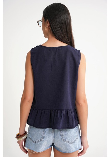 4717 Kadın Önü Bağcıklı Fırfırlı Kolsuz Keten Bluz Lacivert Lacivert