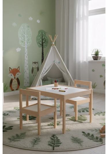 Montessori Çocuk Ahşap Etkinlik Masası Seti - 2 Sandalyeli Krem
