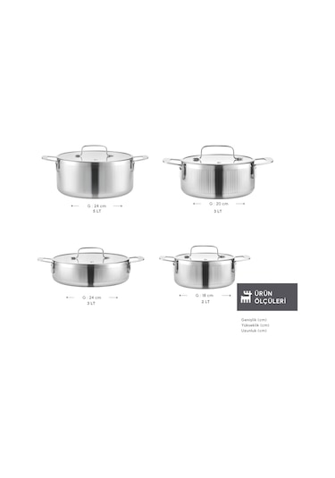 Karaca Power Steel 316+ 3ply Apollo İndüksiyon Tabanlı 8 Parça Çelik Tencere Seti Gümüş