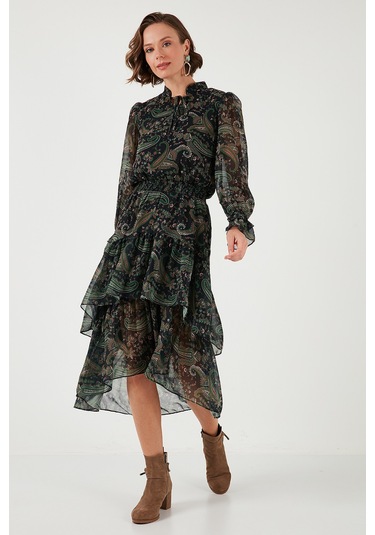 Lela Regular Fit Yaka Detaylı Volanlı Şifon Midi Bayan Elbise 611El1448 Yeşil Lela Regular Fit Yaka Detaylı Volanlı Şifon Midi Bayan Elbise 611El1448 Yeşil