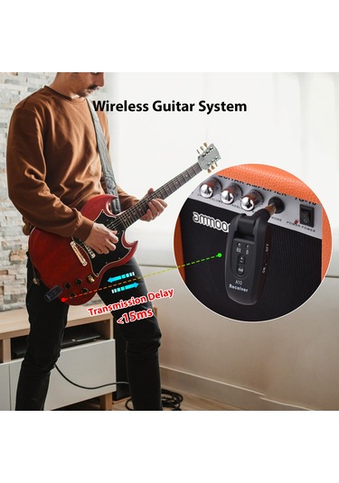 Yunboo Gitar Kablosuz Aktarım Sistemi 2.4ghz - 50m Mesafe, 15ms Gecikme, Şarj Edilebilir Pil, 4 Seviye Ses Ayarı, 3.5mm + 6.35mm Adaptörler
