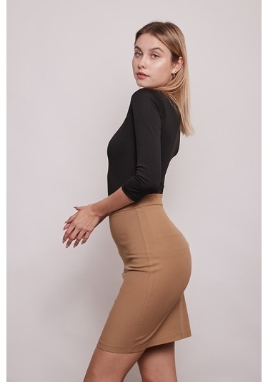 Yüksek Bel Diz Üstü Şık Kumaş Kalem Etek-Camel