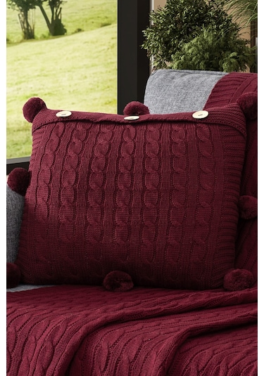 Ponponlu Triko Örme Kırlent Kılıfı - 40x40 Cm Kare Yastık Kılıfı Bordo Bordo