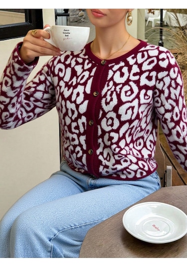 Newco Trend Moda Leopar Desen Bordo Crop Triko Örme Hırka - Bordo Bordo