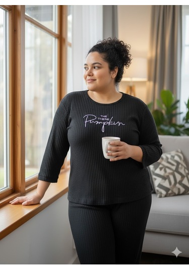 Kadın Siyah Pumpkin Pijama Takımı Siyah