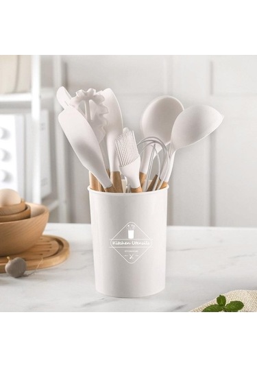 Novahub Beyaz Silikon Yapışmaz Mutfak Aletleri Seti, Tencere Spatula Kürek Yumurta Çırpıcı Ahşap Saplı Gıda Sınıfı Set Beyaz
