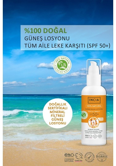 INCIA %100 Doğal Organik Tamanu Yağlı Güneş Losyonu Mineral Filtreli Tüm Aile İçin SPF 50+ 100 ML