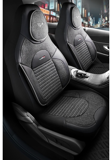 Füme - Gri Panda Enzo Serisi Keten Kumaş Oto Koltuk Kılıfı - Tam Set