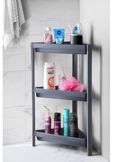 3 Katlı Üçgen Köşe Rafı - Banyo, Mutfak, Balkon, Kiler Düzenleyici Raf - Antrasit Antrasit