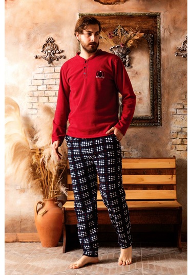 Nisanca 3 Renk Kışlık Erkek Polar Pijama Takımı Bordo