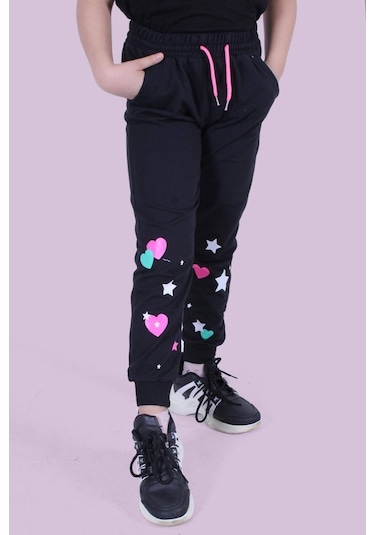 Kalp Ve Yıldız Desen Detaylı Kız Çocuk Siyah Eşofman Altı Siyah