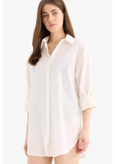 DeFacto Regular Fit Pamuklu Plaj Gömleği-Fall in Love W8241AZ25SMWT16 Beyaz