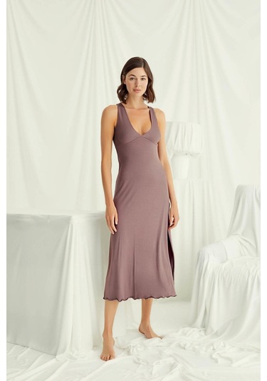 Monamise 18508 Kadın Kalın Askılı Sırt Dekolteli Yırtmaçlı Gecelik-kahve Kahve