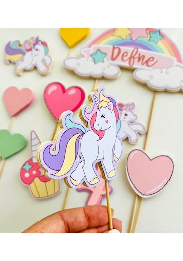 Unicorn Temalı İsme Özel Kız Çocuk Doğum Günü Pasta Süsü Seti