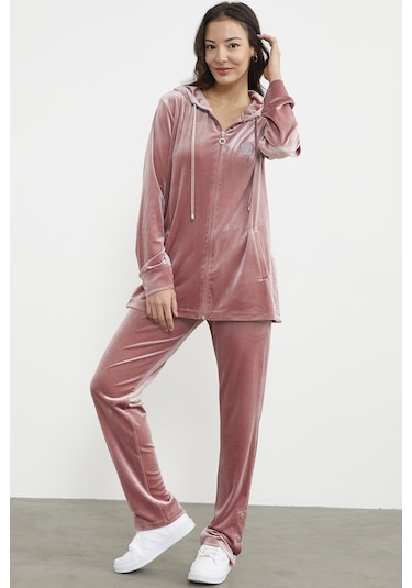 Tam Fermuarlı Tunik Boy Kadife Eşofman Takım - Pudra 001