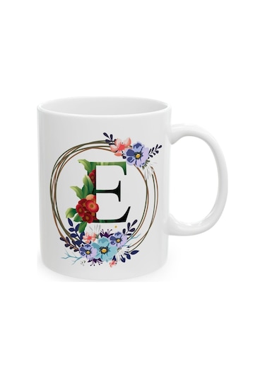 E Harf Baskılı Hediyelik Baskılı Porselen Beyaz Lüks Kupa Bardak Beyaz