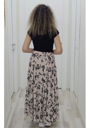 Bel Lastikli Flok Baskılı Kloş Şifon Etek 6003-siyah/pudra Siyah/pudra Siyah - Pudra