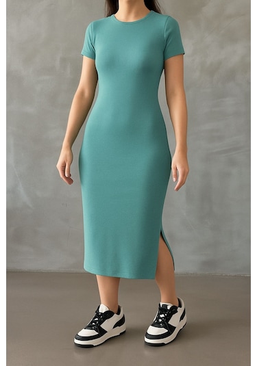 Trend Alisse Yazlık Mint Yeşili Midi Boy Yırtmaçlı Basic Elbise Mint Yeşili