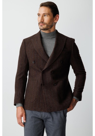 Erkek Kiremit Slım Fıt / Dar Kalıp Geniş Kırlangıç Ceket-20008 Kahverengi
