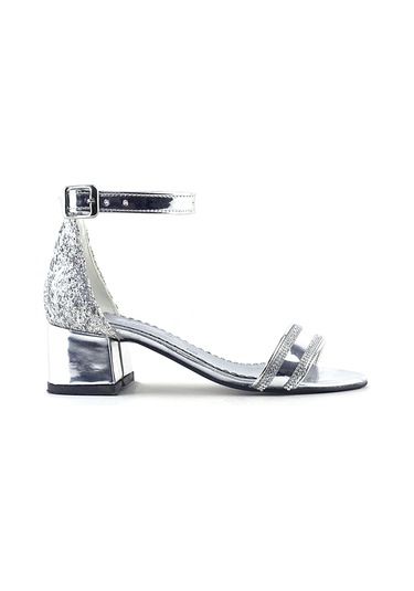 Elsa Gümüş Aynalı Simli Kalın Topuklu Parlak Taşlı Kız Çocuk Abiye Ayakkabı Gümüş