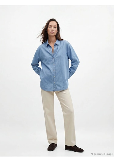 Lc Waikiki İndigo Gömlek Yaka Oversize Kadın Jean Tunik Indigo
