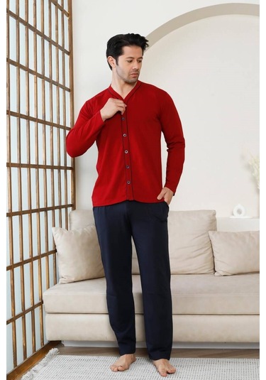 Erkek V Yaka Önden Düğmeli Pamuk Likra Mevsimlik Uzun Kol Cepli Pijama Takımı Bordo