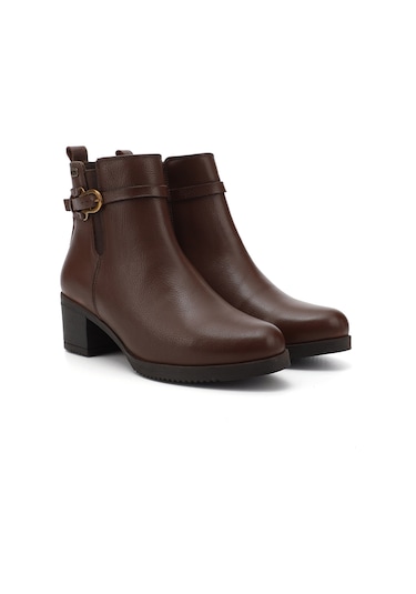 Gönderi R Kahve Floter Fermuarlı Kalın Topuklu Hakiki Deri Bot Kahve