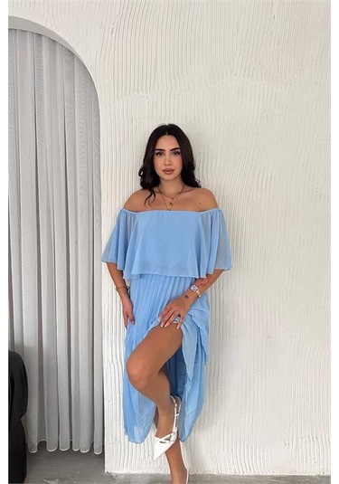Dipmoda Kadın Madonna Yaka Piliseli Şifon Elbise Dpk2099 Bebe Mavisi
