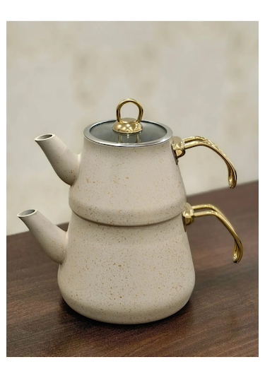 Yunusoğlu Home Granit Kaplama Gold Kulplu Cam Kapak Çaydanlık Kre Krem