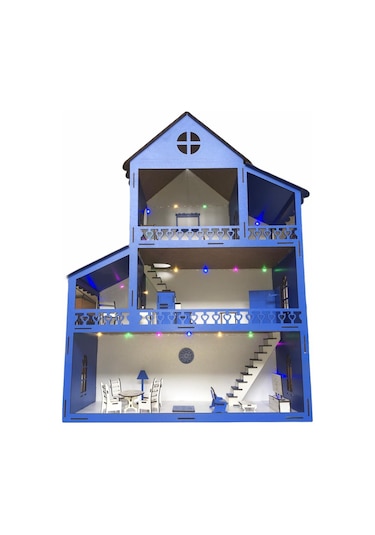 Ahşap Oyun Evi 80Cm 21 Eşya Mavi Led Işıklı