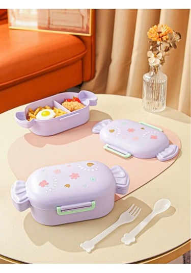 Sevimli Şeker Şekilli Çocuk Beslenme Kutusu Kaşıklı 2 Bölmeli Yemek Saklama Kabı Mor