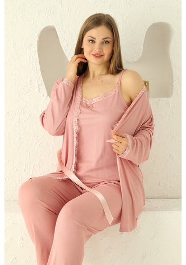 Sabahlıklı Dantel Detaylı Pegasus Kadın Pijama Takımı-çeyizlik Takım- Geniş Beden Aralığı Pudra