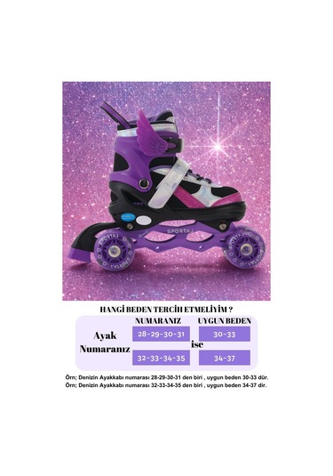 Melek Kanatlı Işıklı Çocuk Pateni Ve Dizlik Seti Silikon Teker Ayarlanabilir Paten Çantalı Mor Mor