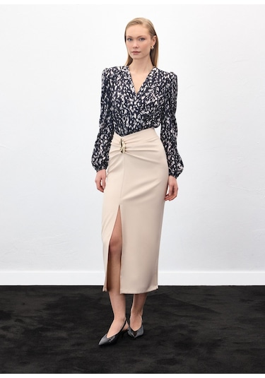 Sateen Gold Yan Aksesuarlı Etek - Bej-136885 Bej