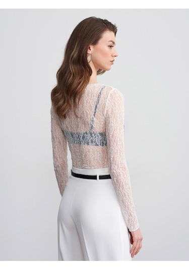 Dilvin 32764 Kayık Yaka Dantel Top-ekru