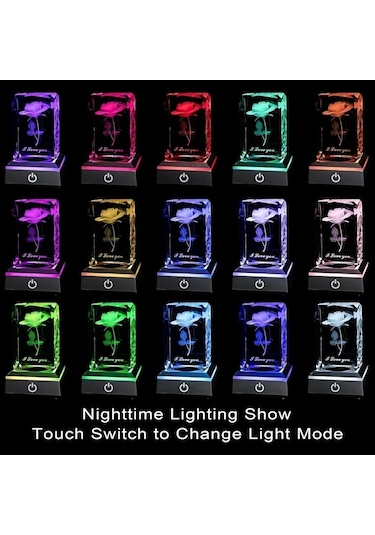 Honeybeeshop 1 Zarif 3d Gül Kristal Gece Lambası 5x5x8 Cm Renk Değiştiren Led Sevgililer Günü Hediyesi Beyaz