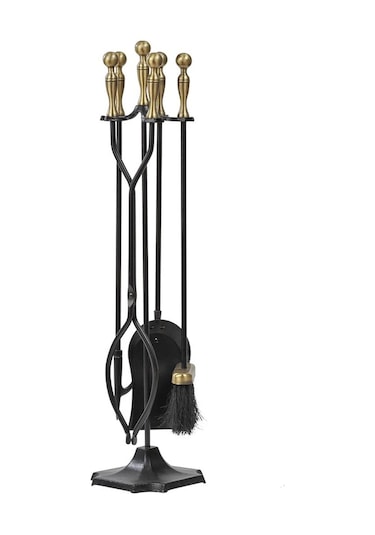 5 Li Lüx Ithal Döküm Gold Prinç Topuz Başlıklı Şömine - Soba Maşa Takımı Aksesuar Seti