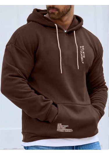 Erkek Believe Baskılı Oversize Kapşonlu Sweatshirt 001