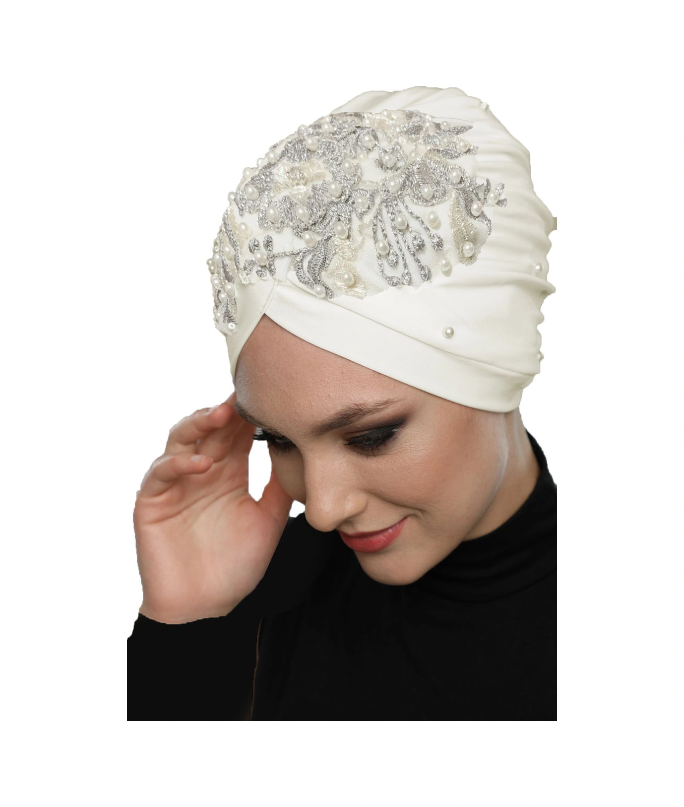 Kopma Astarlı İşlemeli Krem Gri Dantel Motifli Hazır Türban Tesettür Abiye Bone Krem-gri