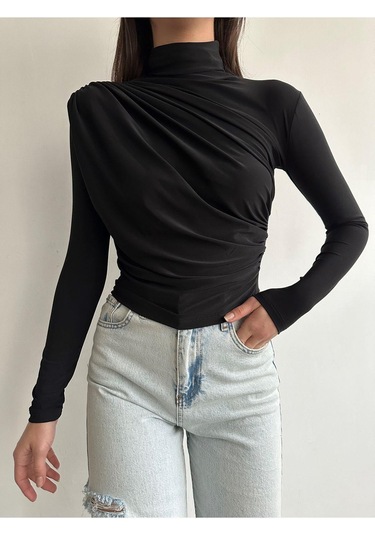Kadın Büzgü Detaylı Dik Yaka Sandy Bluz Siyah