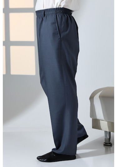 Erkek Rahat Kesim Beli Lastikli Cepli Hac Ve Umre Kumaş Şalvar Pantolon - Mavi İsr Mavi